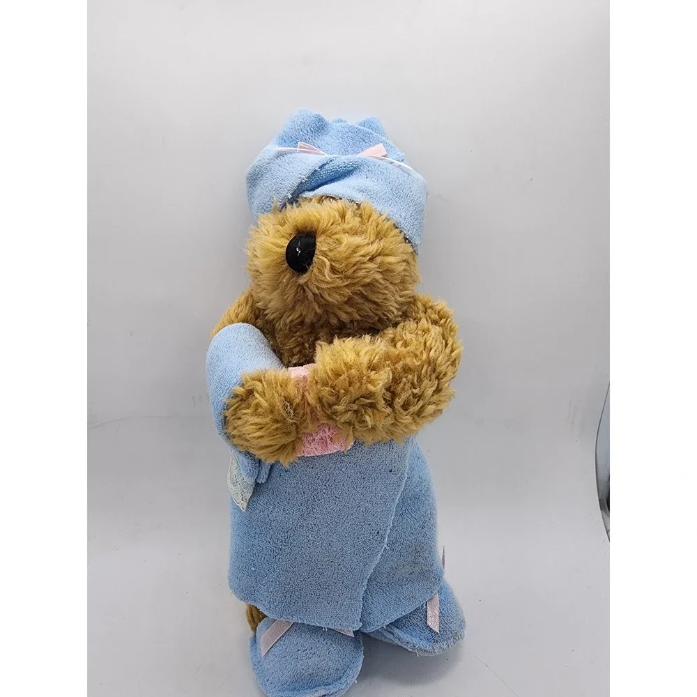 Vintage Plush Teddy Bear in Blue Spa Bath Robe with Towel Wrap and Slippers 11